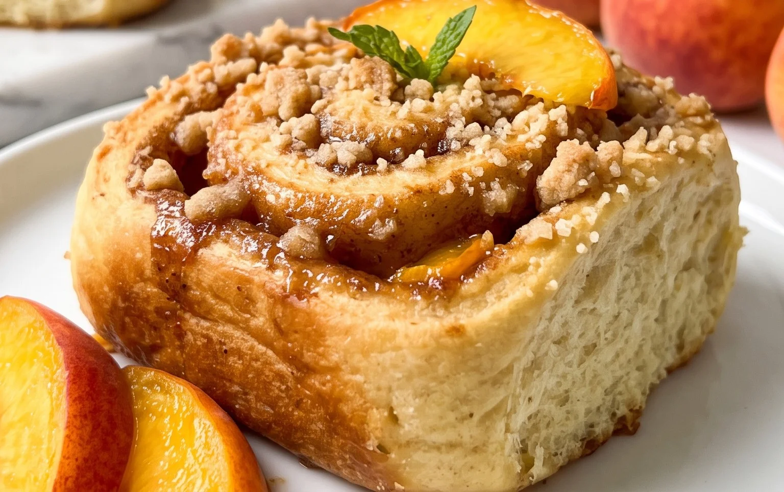 Peach Cobbler Cinnamon Rolls with Crumb Topping